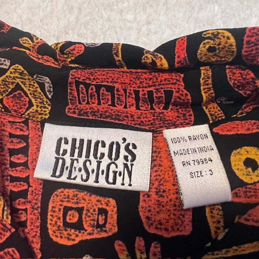 Chicos Design Orange Black 100% Rayon Fiesta Button Front Long Sleeve Top Size 3 - Picture 8 of 11